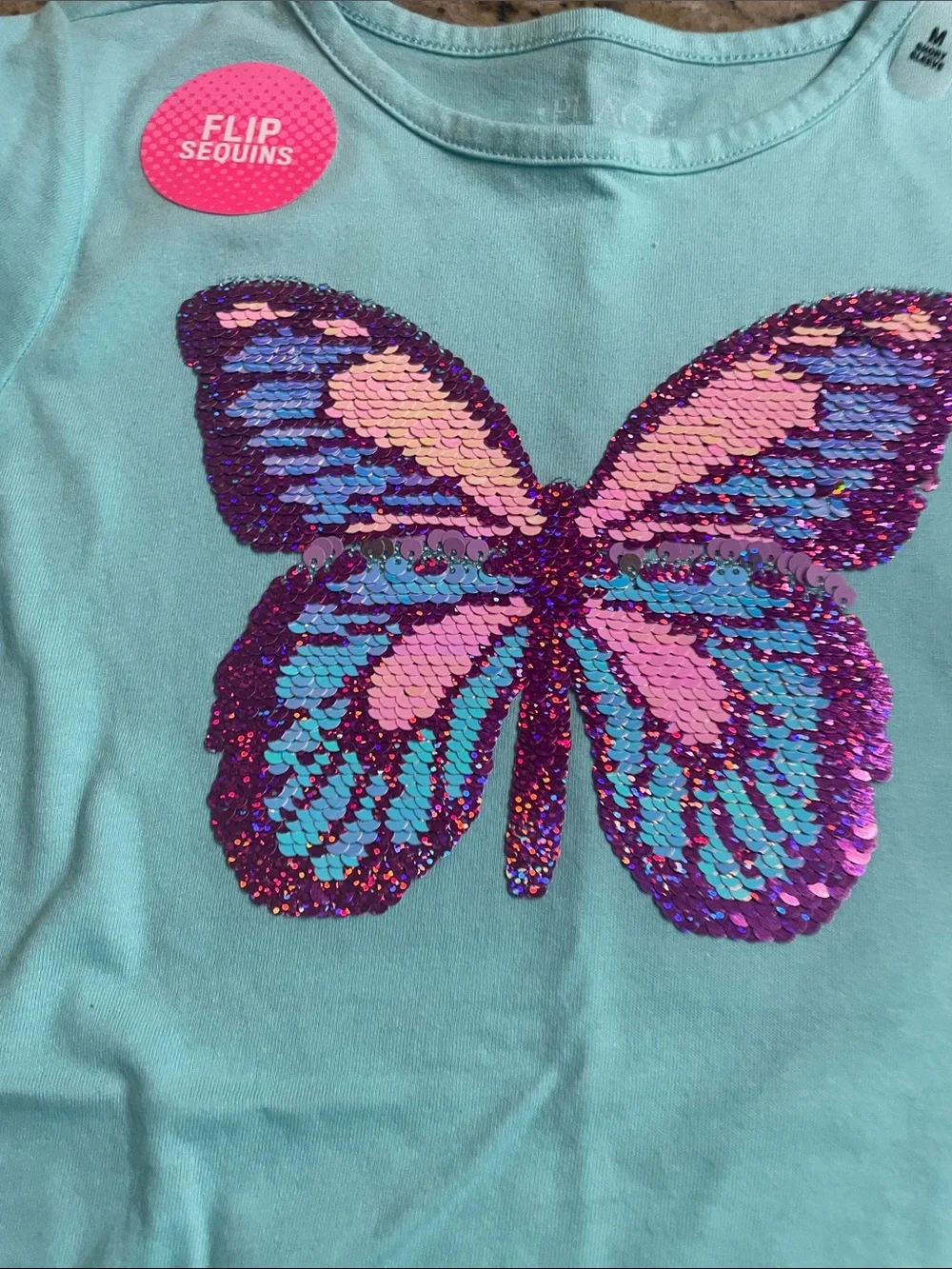NWT The Children's Place Girl’s Teal Short Sleeve Butterfly Sequin Tee Size 7/8